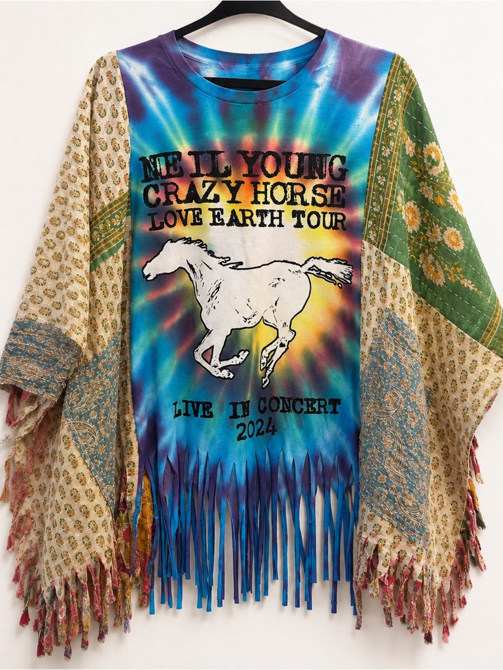 Neil Young Crazy Horse Upcycled Band Tee Kantha Poncho Boho Fringe